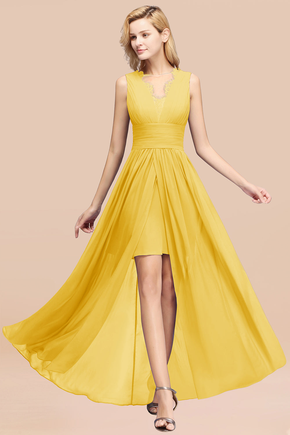 Lace Chiffon Jewel Sleeveless Ruffles Short Bridesmaid Dress