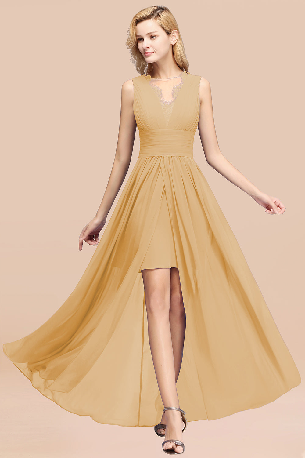 Lace Chiffon Jewel Sleeveless Ruffles Short Bridesmaid Dress
