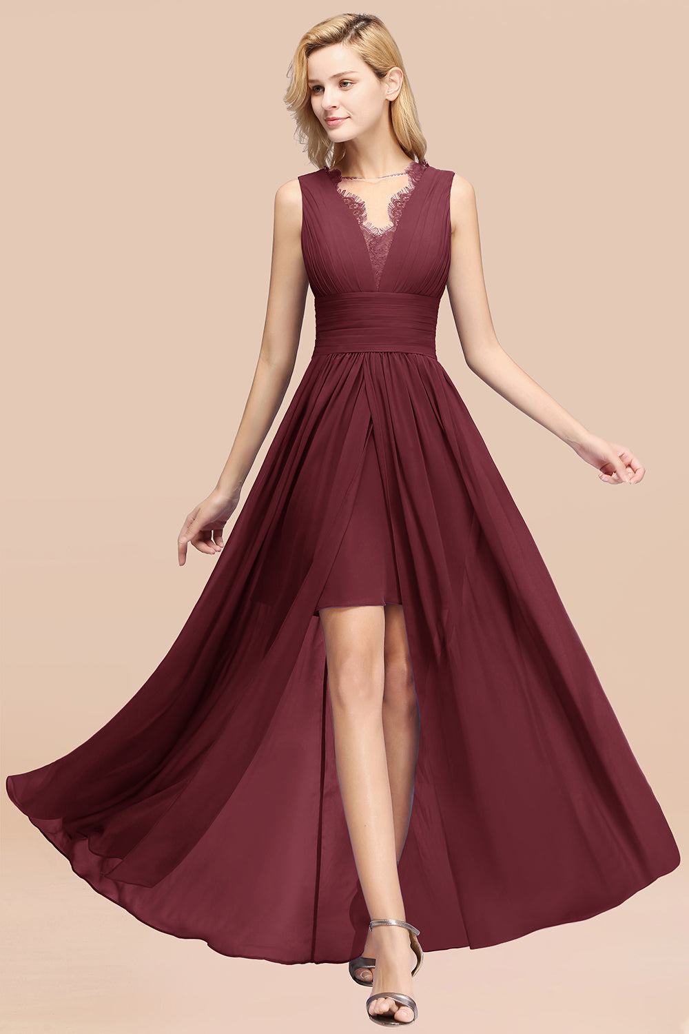 Lace Chiffon Jewel Sleeveless Ruffles Short Bridesmaid Dress