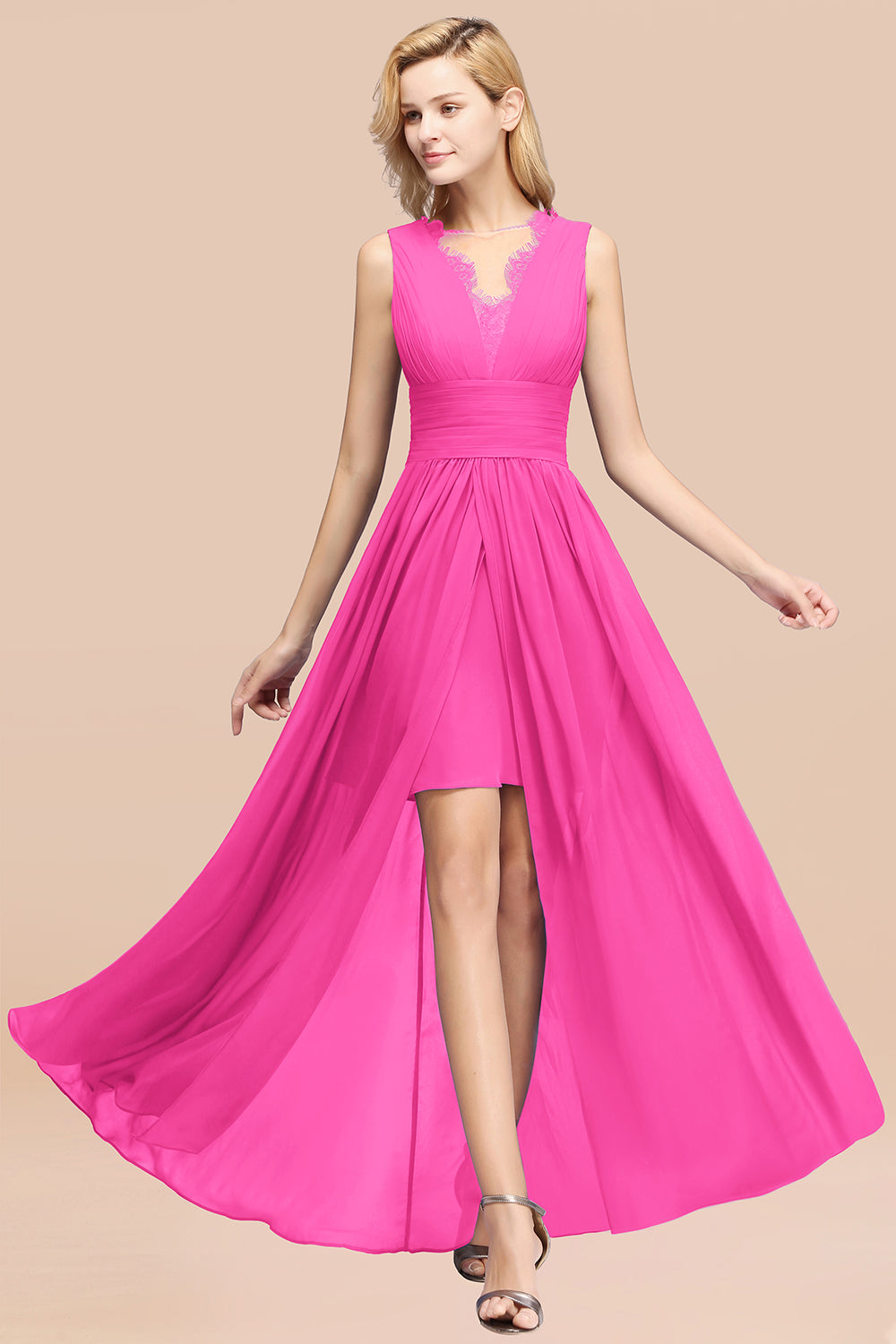 Lace Chiffon Jewel Sleeveless Ruffles Short Bridesmaid Dress