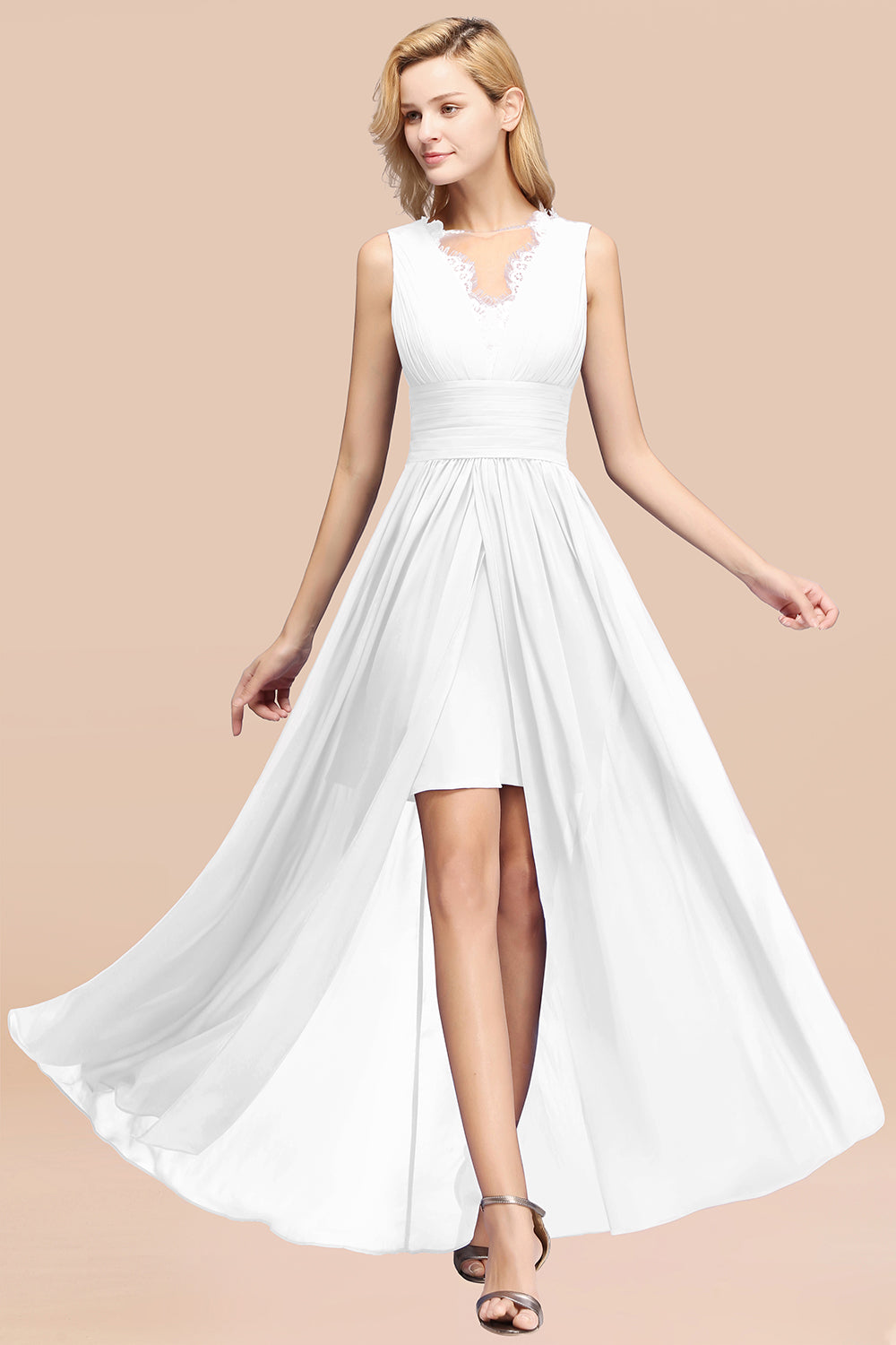 Lace Chiffon Jewel Sleeveless Ruffles Short Bridesmaid Dress