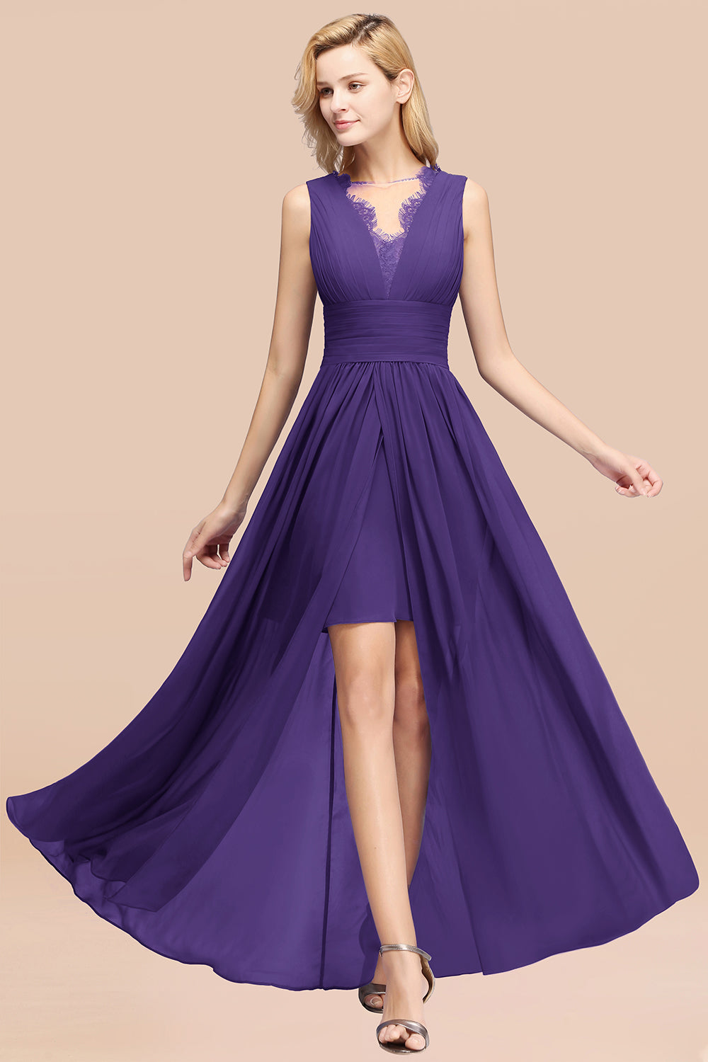 Lace Chiffon Jewel Sleeveless Ruffles Short Bridesmaid Dress