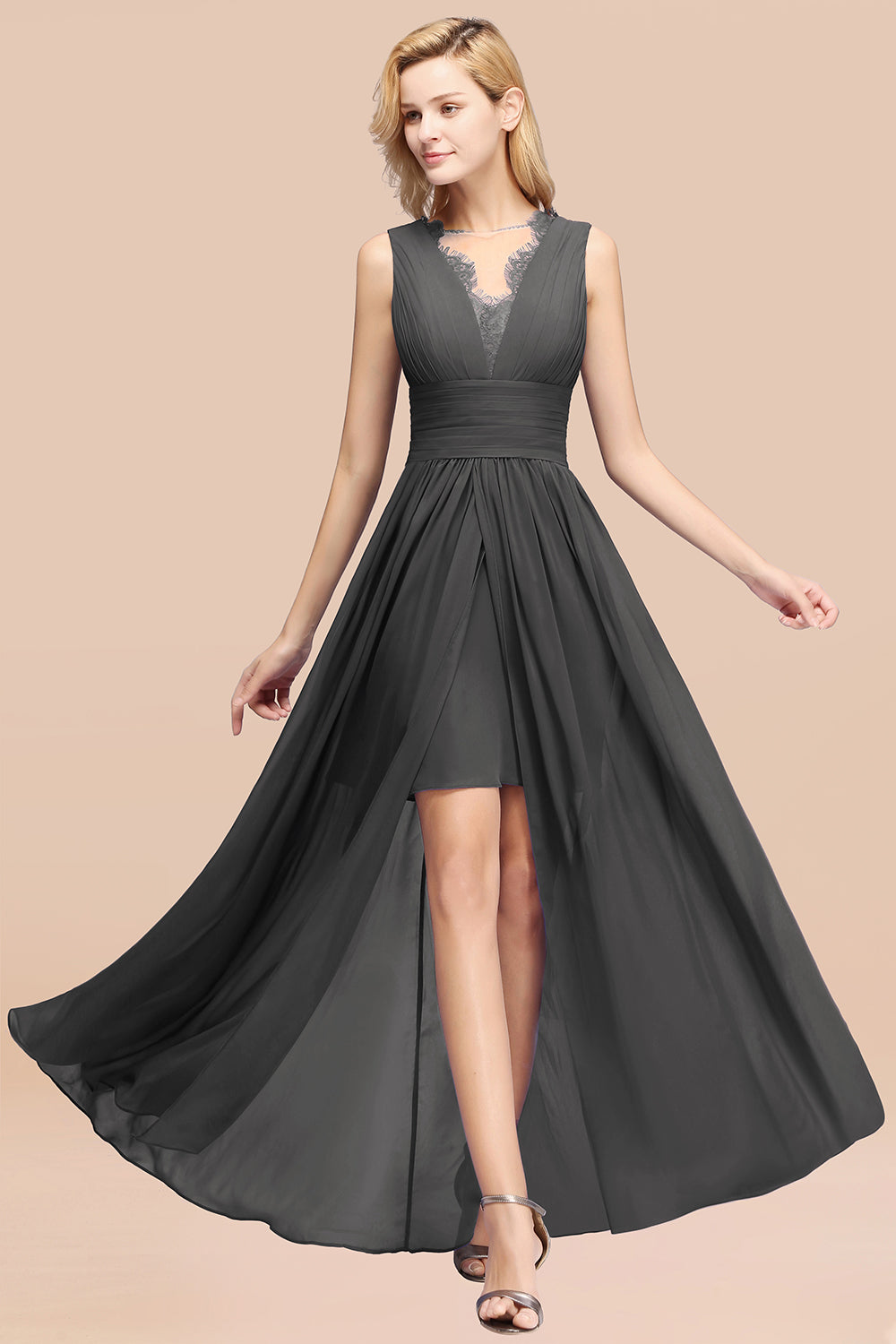Lace Chiffon Jewel Sleeveless Ruffles Short Bridesmaid Dress