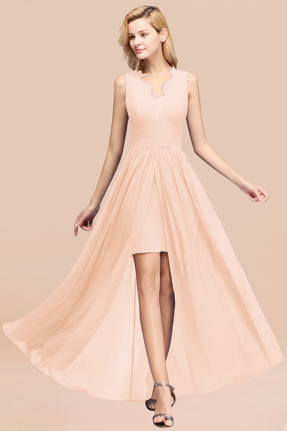 Lace Chiffon Jewel Sleeveless Ruffles Short Bridesmaid Dress