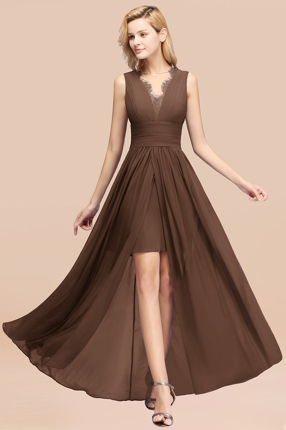 Lace Chiffon Jewel Sleeveless Ruffles Short Bridesmaid Dress