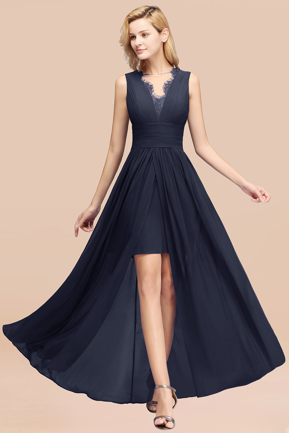 Lace Chiffon Jewel Sleeveless Ruffles Short Bridesmaid Dress