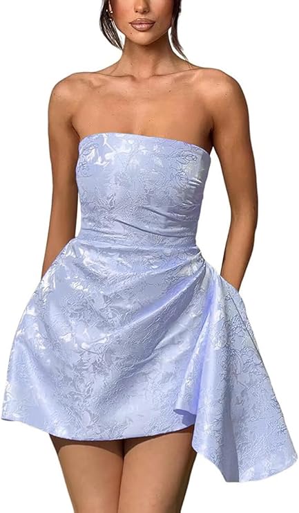 A-line Strapless Jacquard Satin Asymmetrical Lace up Sleeveless Short Homecoming Dress