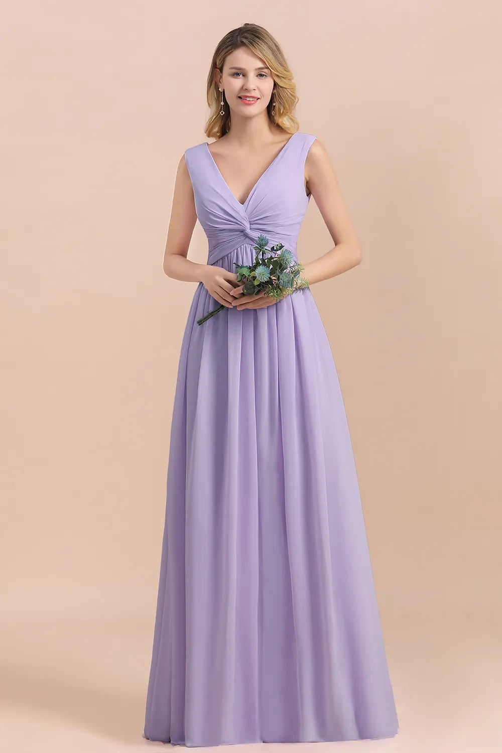 Lilac V-neck A-Line Evening Dress Sleeveless Chiffon Wide Straps Bridesmaid Dress