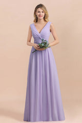 Lilac V-neck A-Line Evening Dress Sleeveless Chiffon Wide Straps Bridesmaid Dress