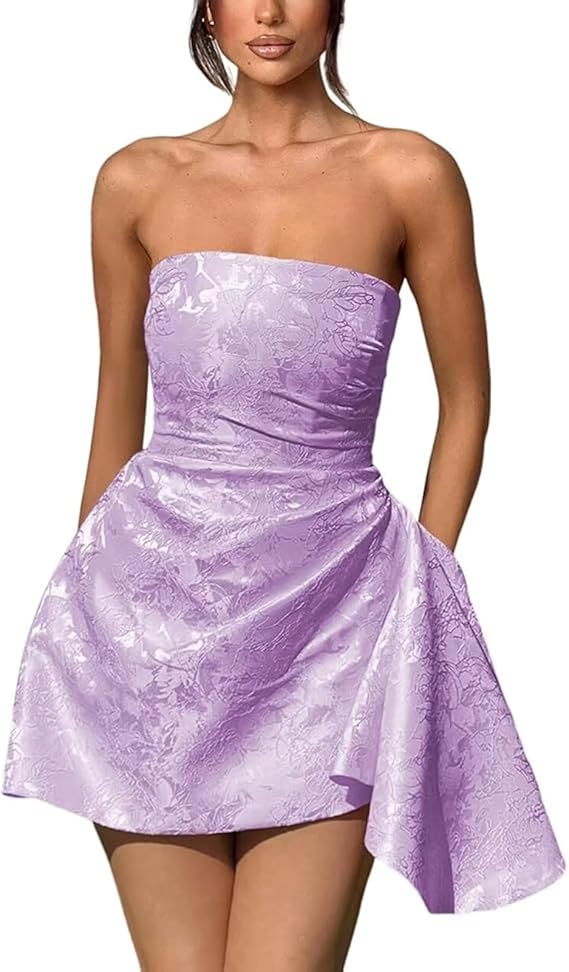 A-line Strapless Jacquard Satin Asymmetrical Lace up Sleeveless Short Homecoming Dress