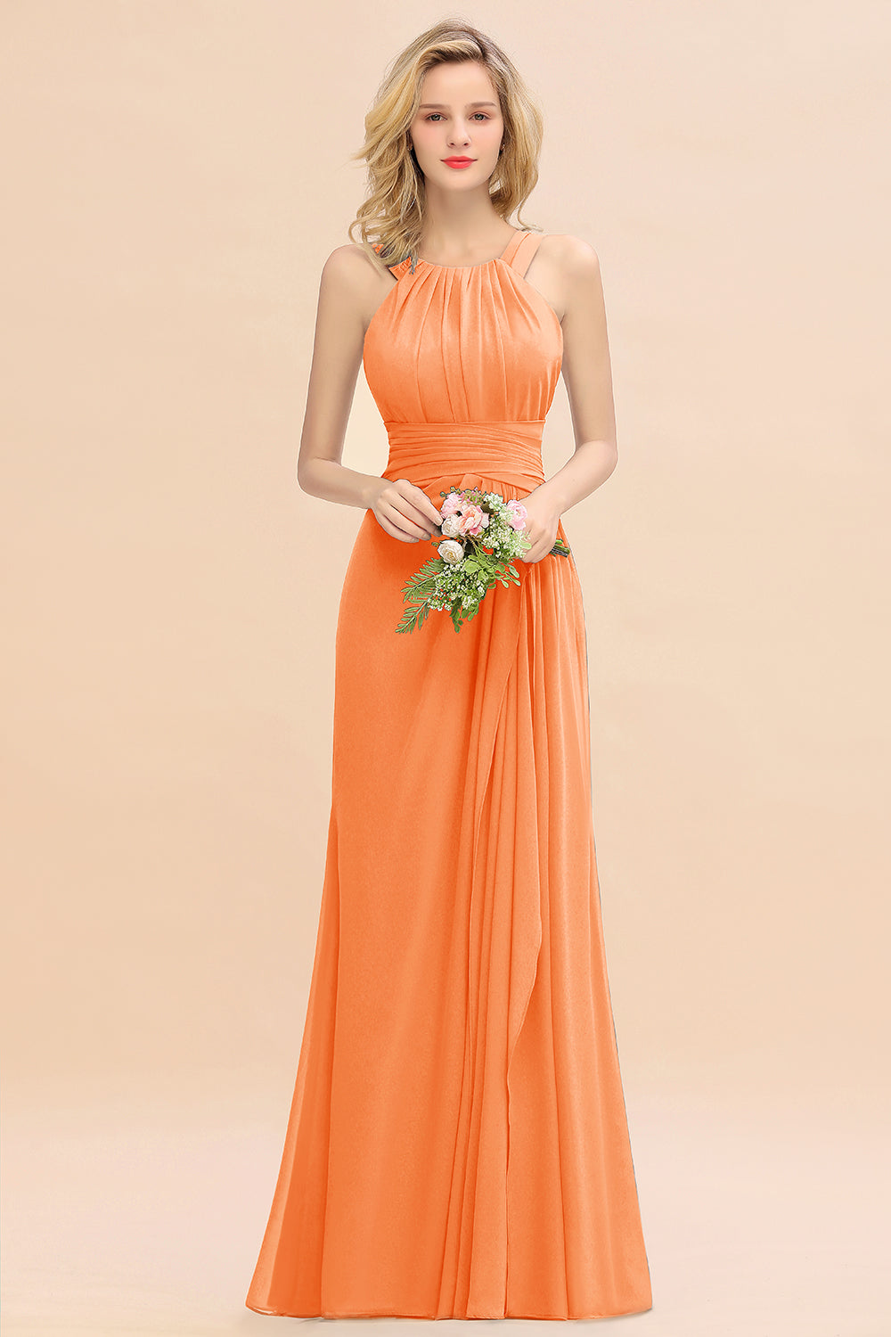 Long A-line Halter Chiffon Backless Floor Length Bridesmaid Dresses