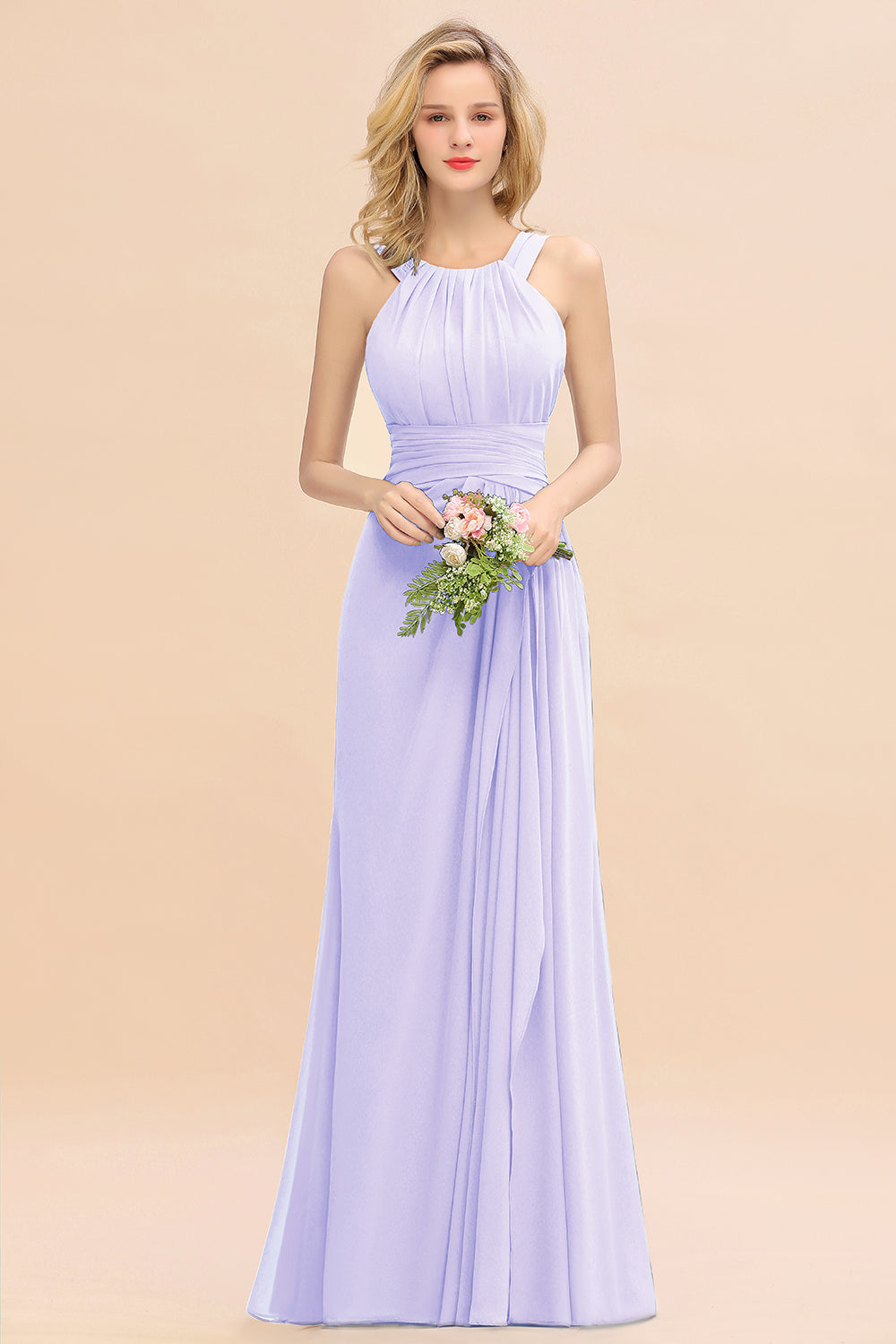Long A-line Halter Chiffon Backless Floor Length Bridesmaid Dresses