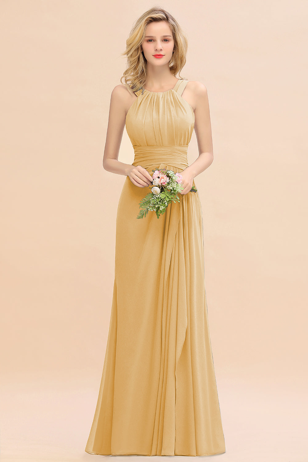 Long A-line Halter Chiffon Backless Floor Length Bridesmaid Dresses