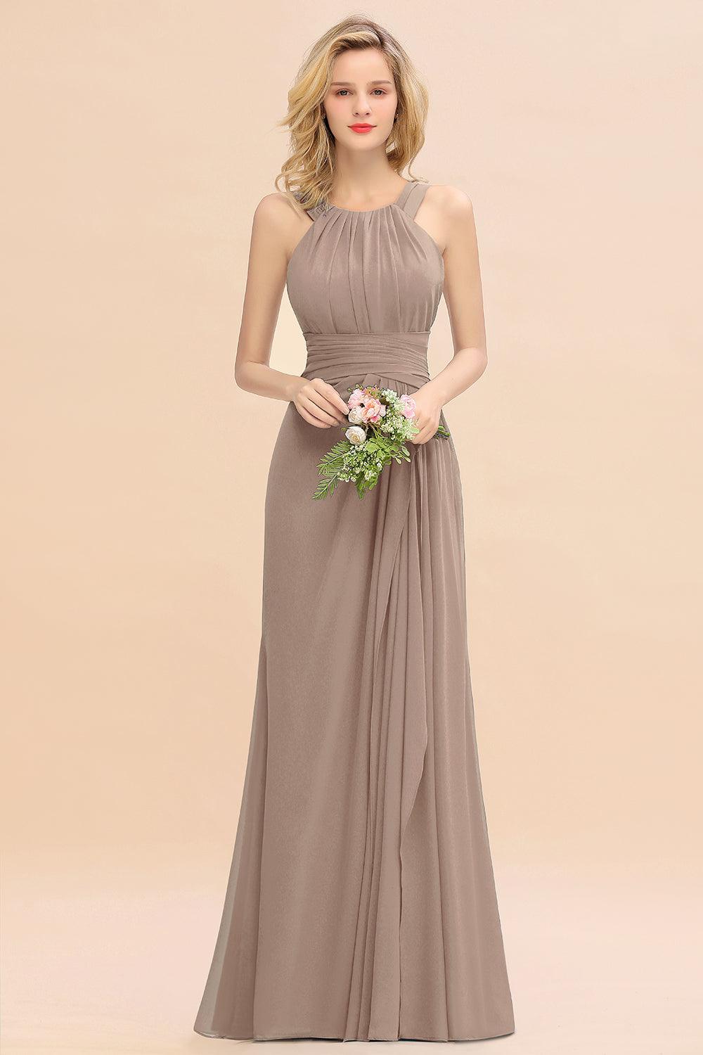 Long A-line Halter Chiffon Backless Floor Length Bridesmaid Dresses