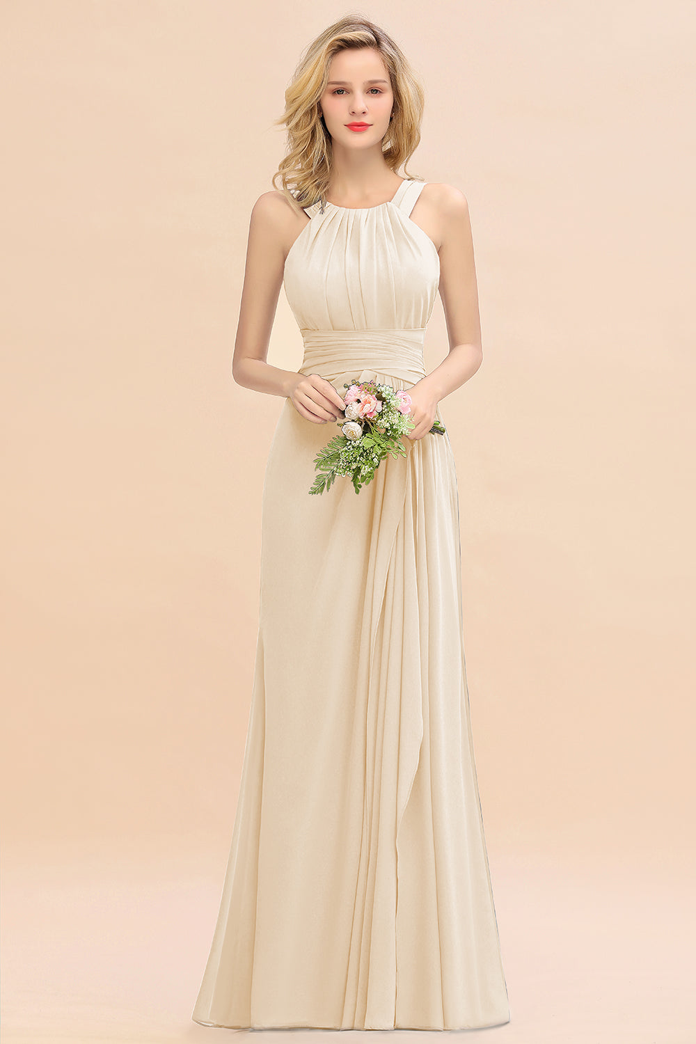 Long A-line Halter Chiffon Backless Floor Length Bridesmaid Dresses
