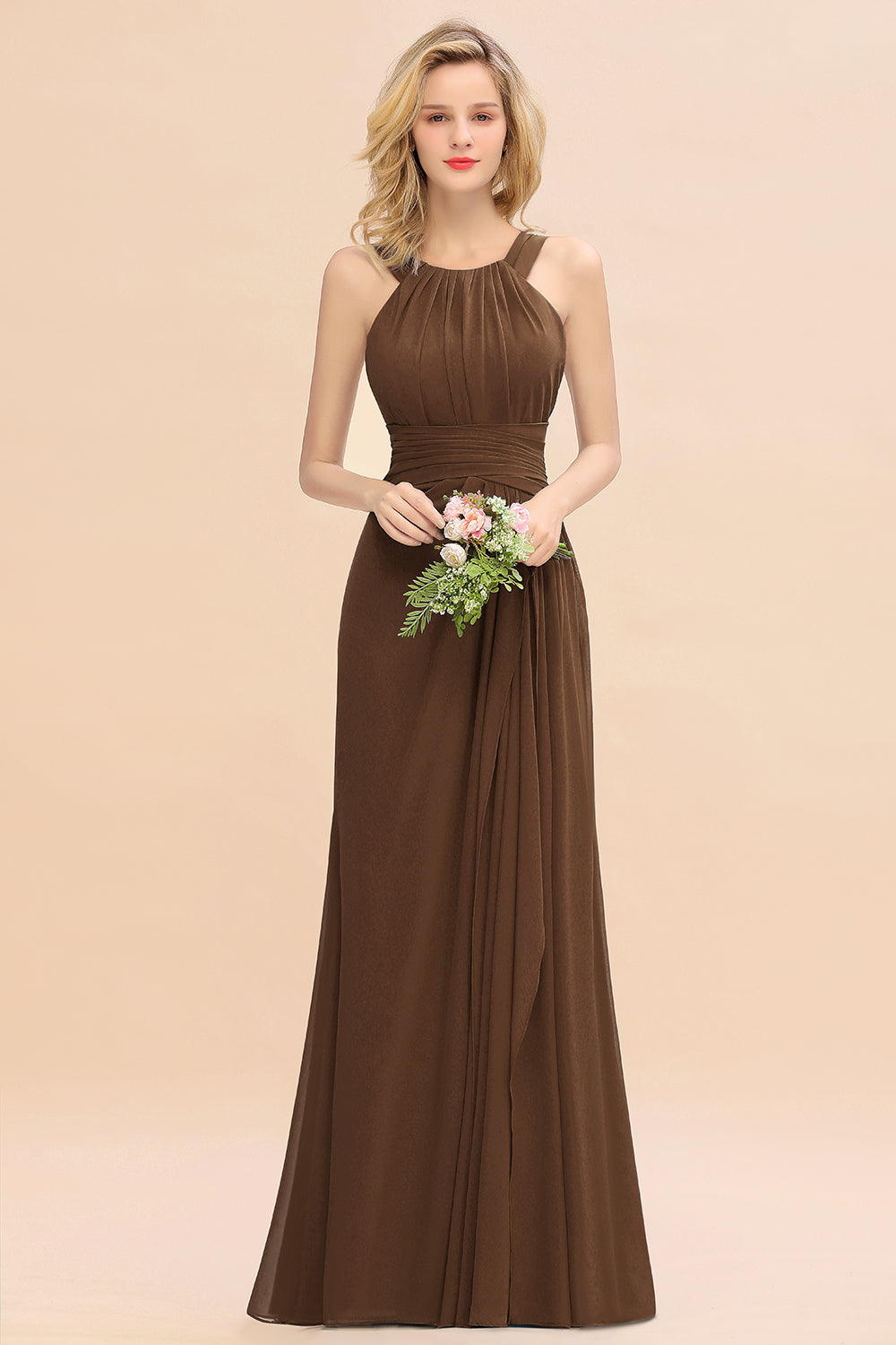 Long A-line Halter Chiffon Backless Floor Length Bridesmaid Dresses