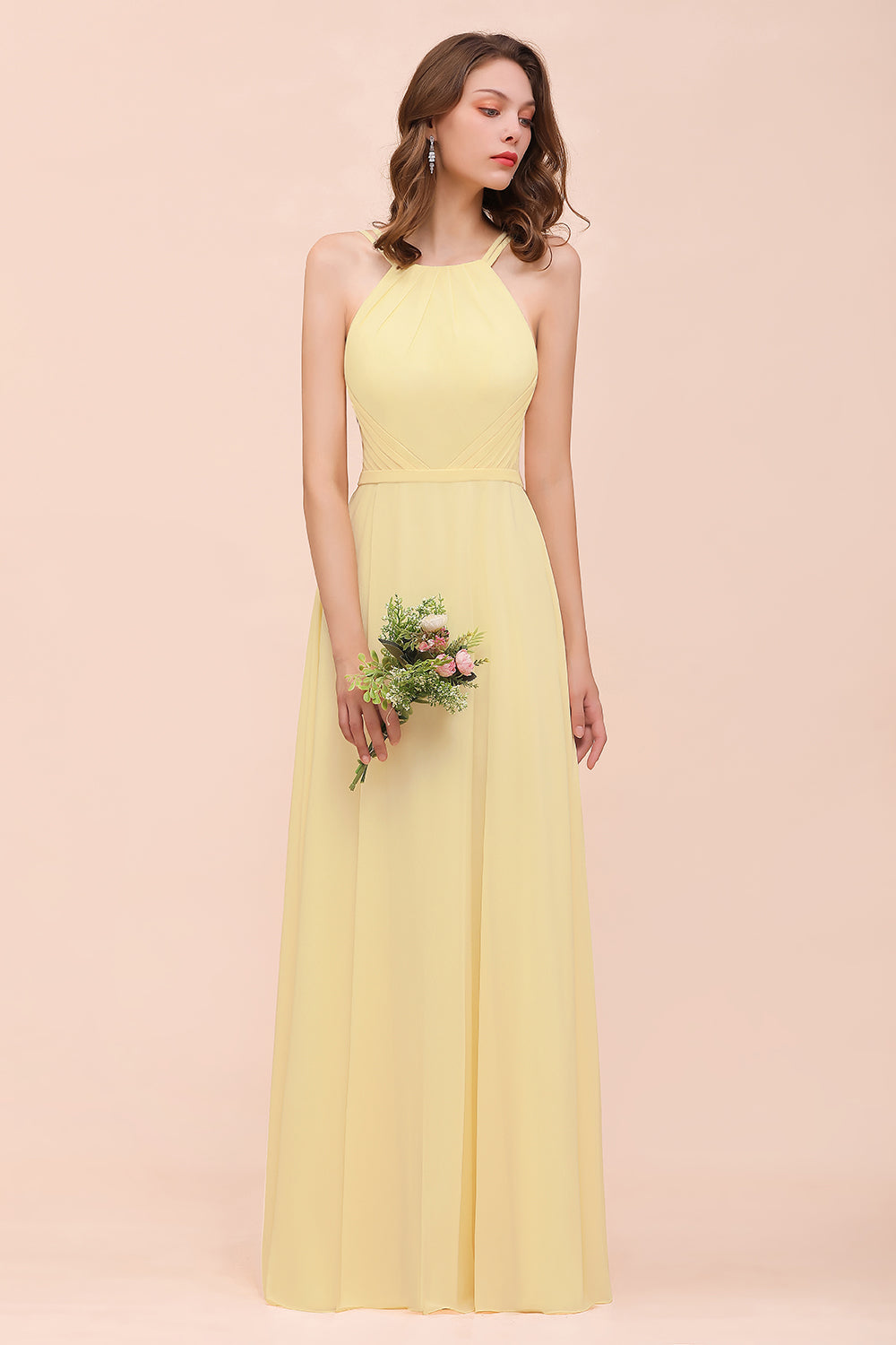 Long A-line Jewel Chiffon Daffodil Bridesmaid Dress with Ruffle