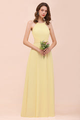 Long A-line Jewel Chiffon Daffodil Bridesmaid Dress with Ruffle