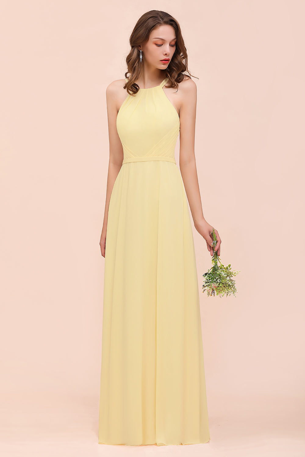 Long A-line Jewel Chiffon Daffodil Bridesmaid Dress with Ruffle