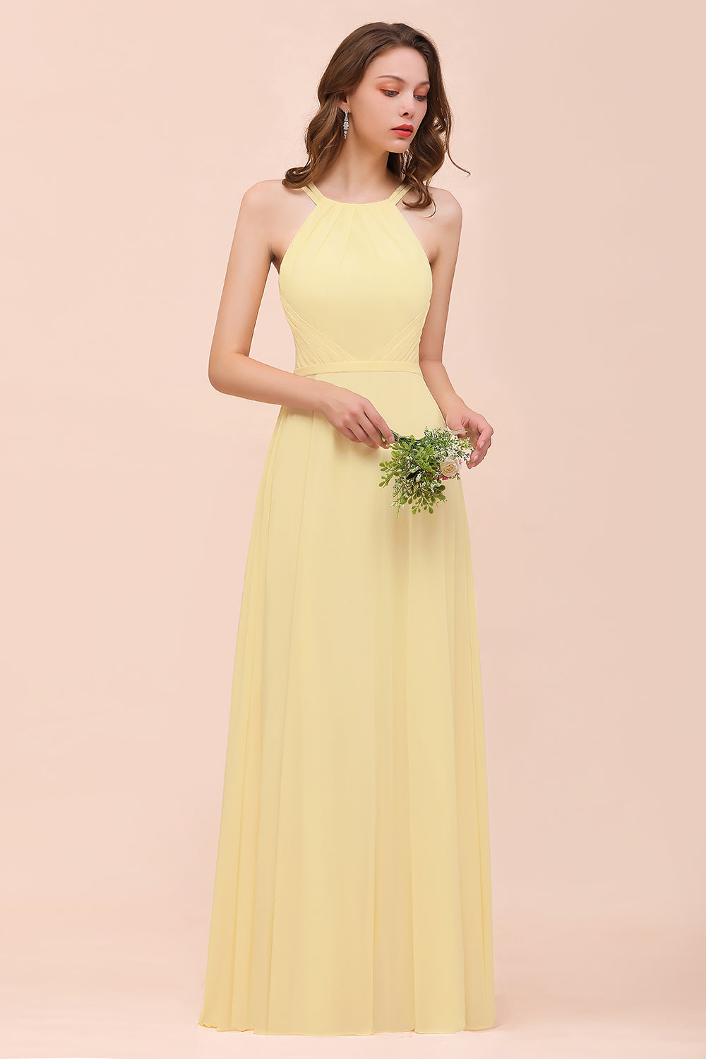 Long A-line Jewel Chiffon Daffodil Bridesmaid Dress with Ruffle