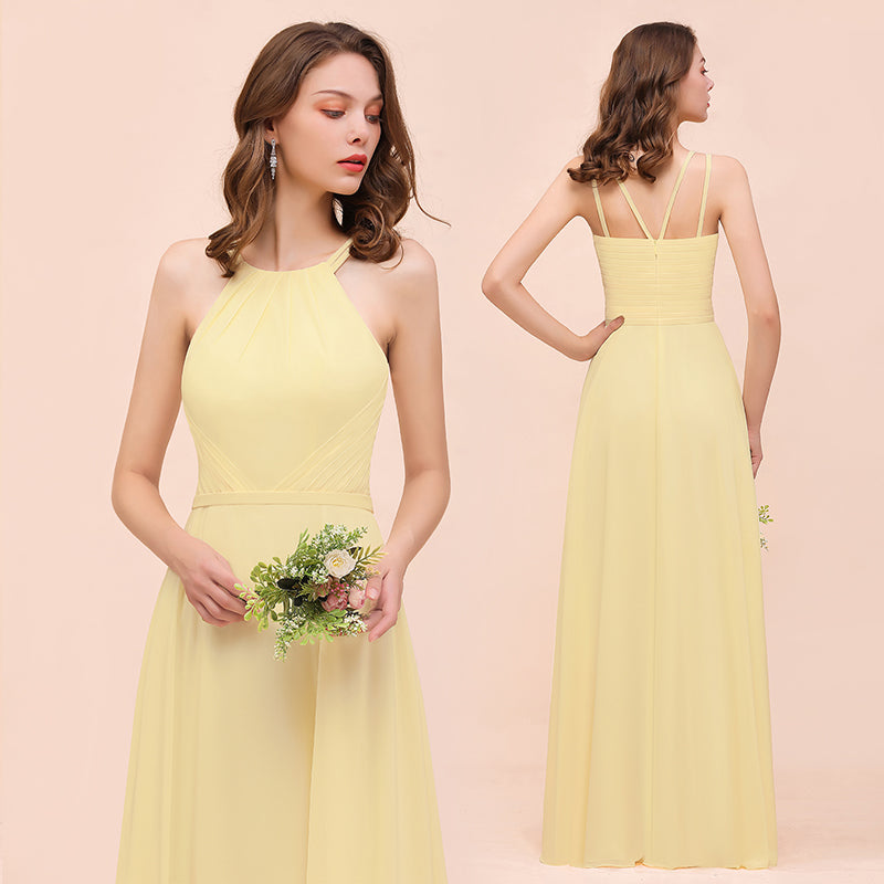 Long A-line Jewel Chiffon Daffodil Bridesmaid Dress with Ruffle