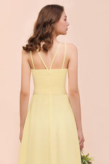 Long A-line Jewel Chiffon Daffodil Bridesmaid Dress with Ruffle