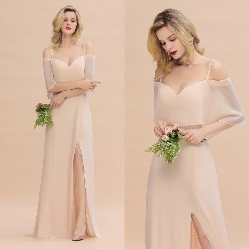 Long A-line Off the Shoulder Chiffon Spaghetti Straps Side Split Bridesmaid Dress