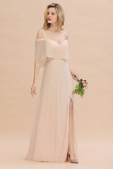 Long A-line Off the Shoulder Chiffon Spaghetti Straps Side Split Bridesmaid Dress
