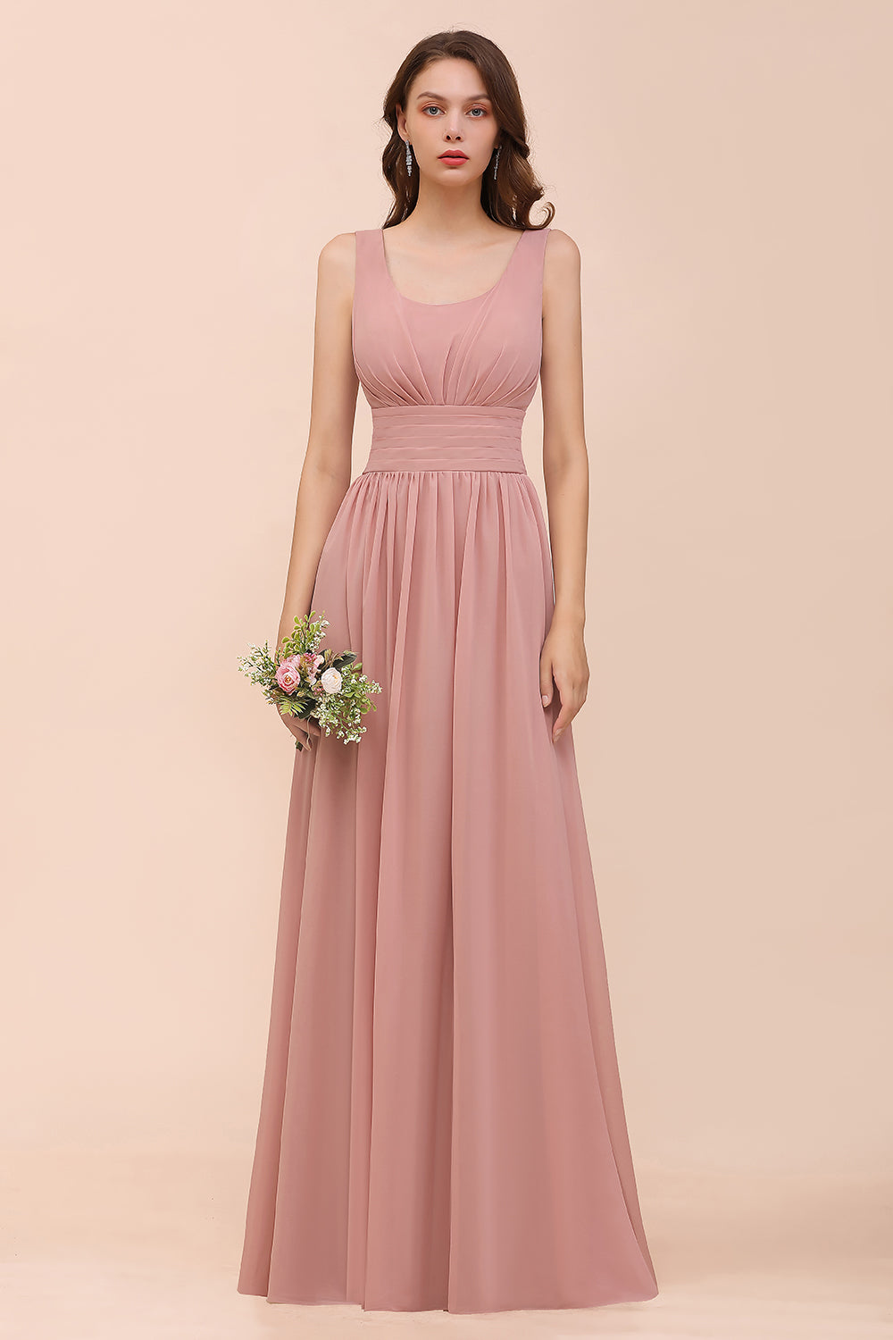 Long A-line Square Ruffle Vintage Mauve Chiffon Bridesmaid Dress