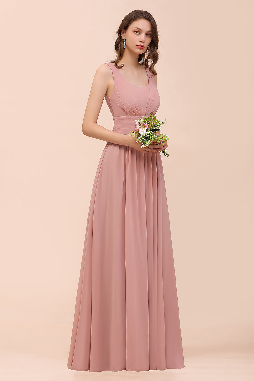 Long A-line Square Ruffle Vintage Mauve Chiffon Bridesmaid Dress