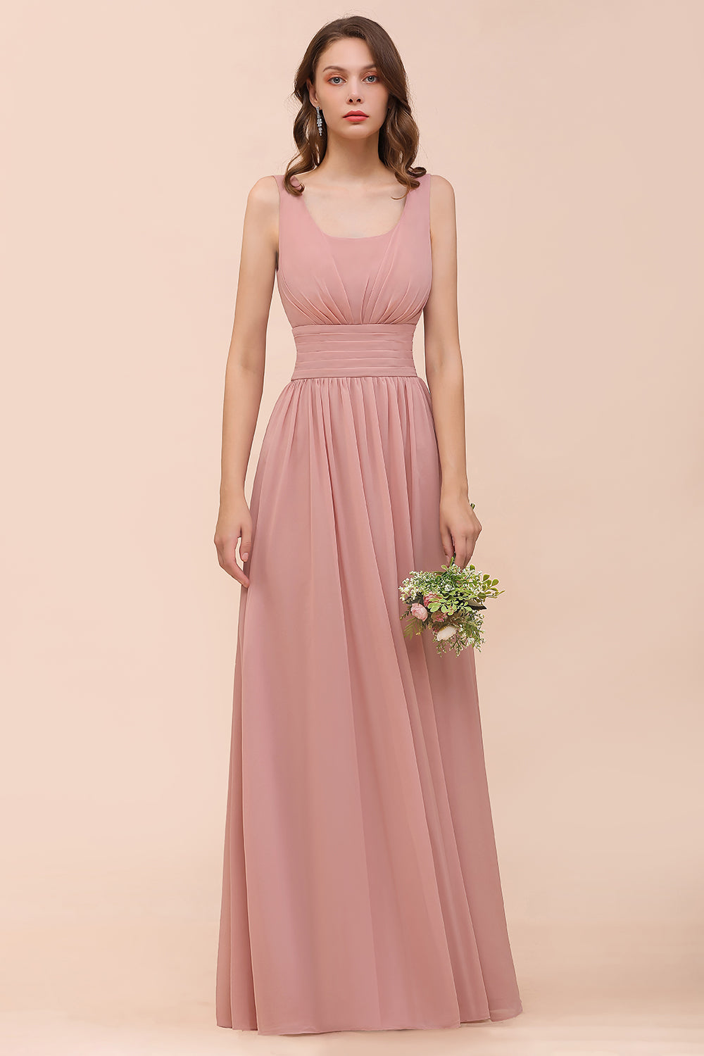 Long A-line Square Ruffle Vintage Mauve Chiffon Bridesmaid Dress