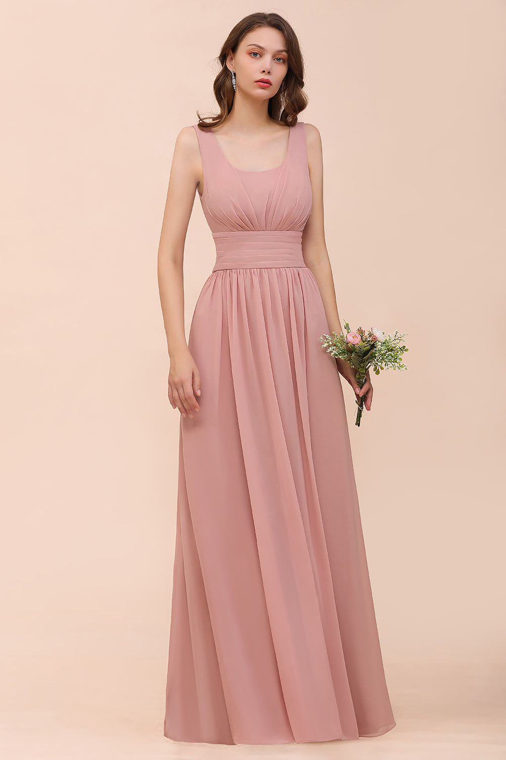 Long A-line Square Ruffle Vintage Mauve Chiffon Bridesmaid Dress
