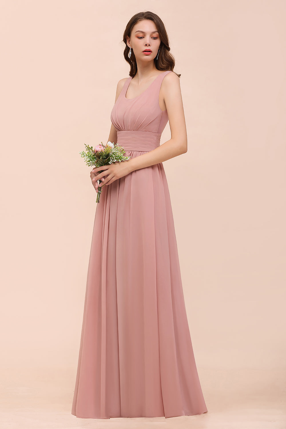 Long A-line Square Ruffle Vintage Mauve Chiffon Bridesmaid Dress