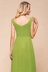 Long A-line V-neck Chiffon Green Bridesmaid Dress