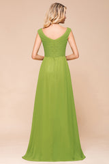 Long A-line V-neck Chiffon Green Bridesmaid Dress