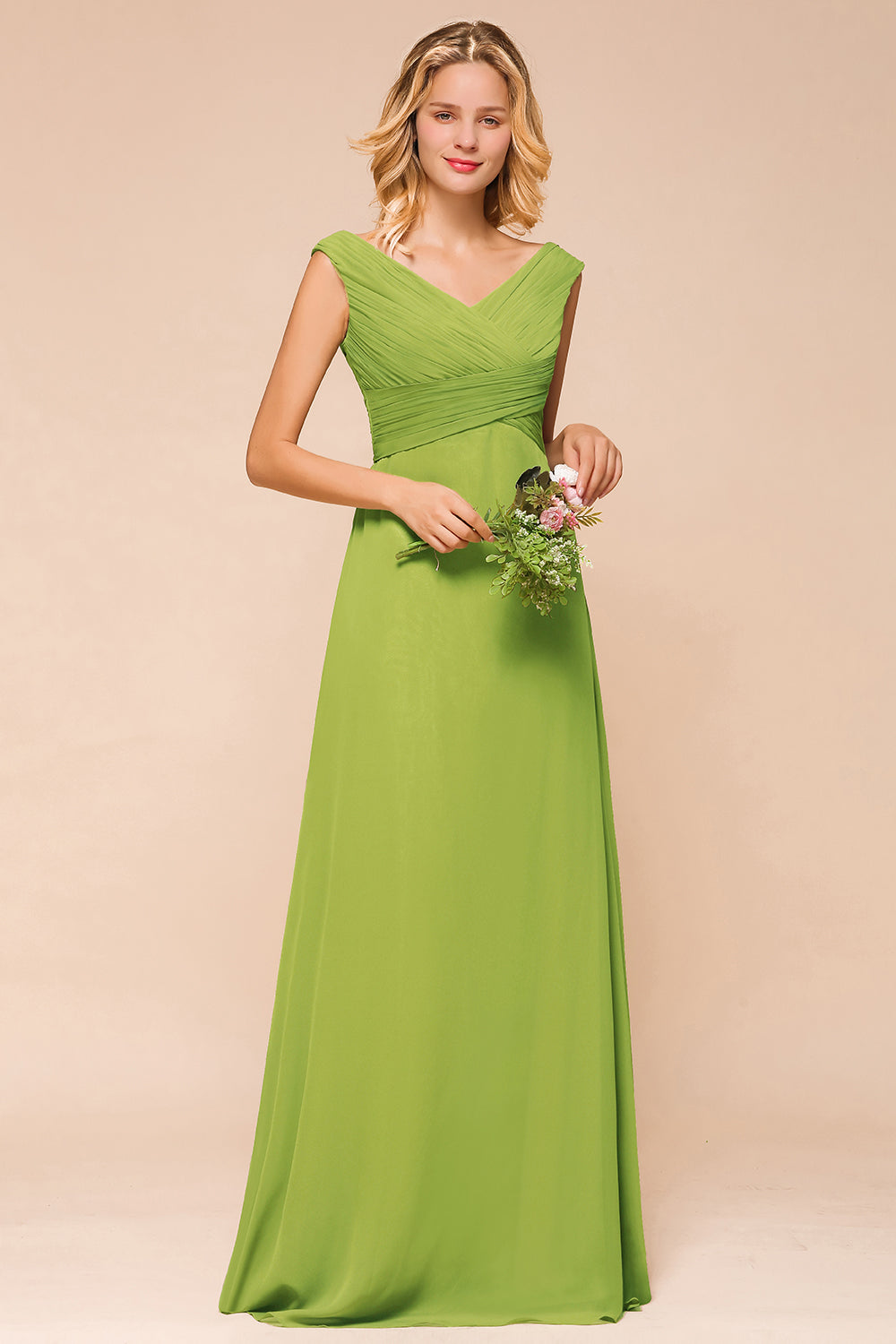 Long A-line V-neck Chiffon Green Bridesmaid Dress