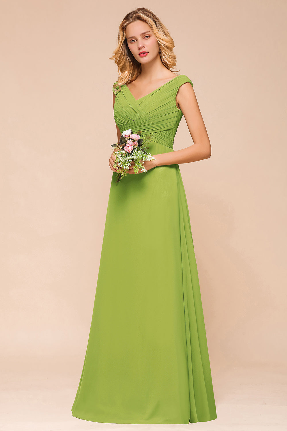 Long A-line V-neck Chiffon Green Bridesmaid Dress