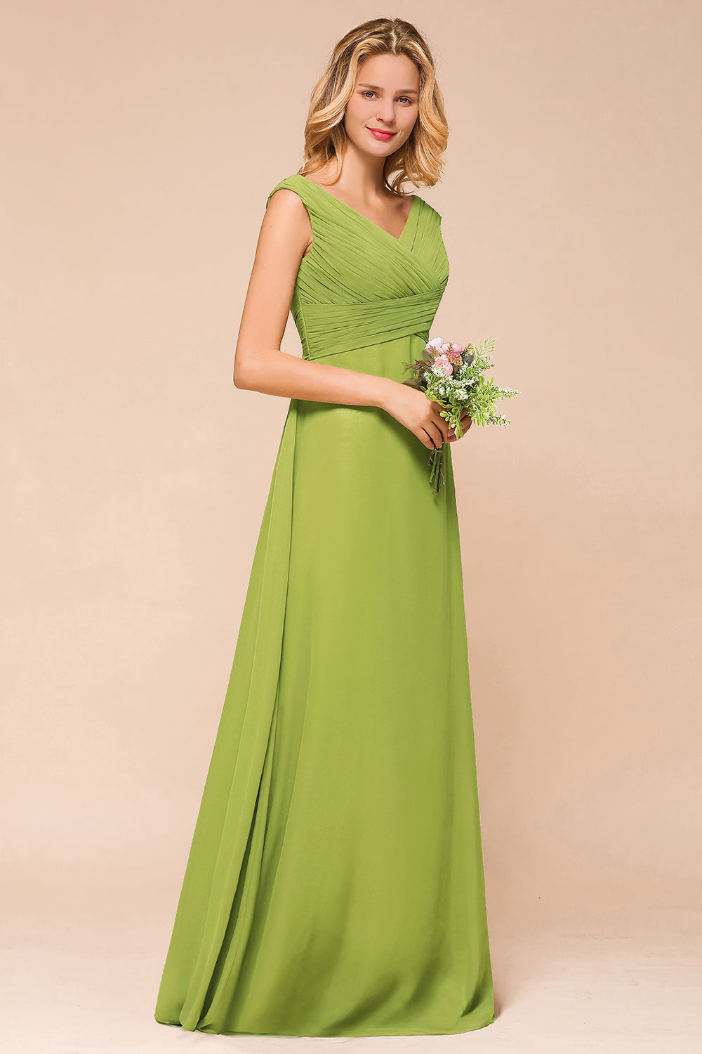 Long A-line V-neck Chiffon Green Bridesmaid Dress