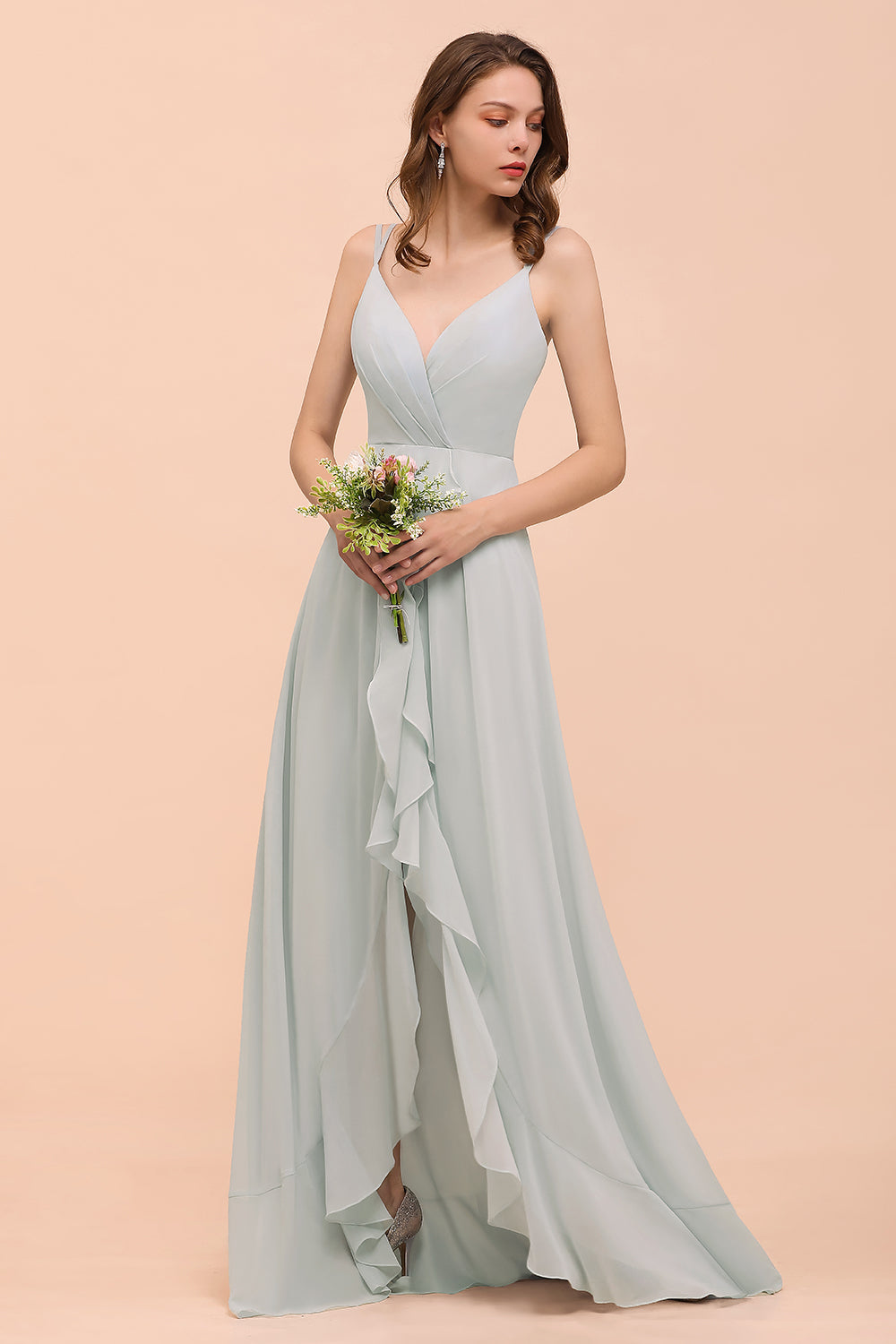 Long A-line V-neck Ruffle Chiffon Bridesmaid Dress