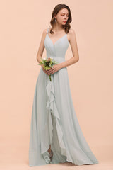 Long A-line V-neck Ruffle Chiffon Bridesmaid Dress