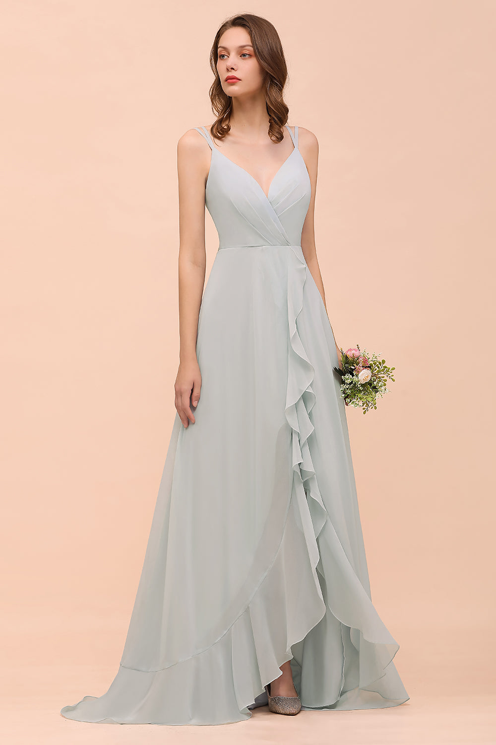 Long A-line V-neck Ruffle Chiffon Bridesmaid Dress