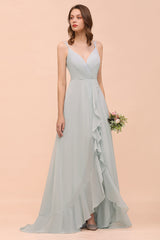 Long A-line V-neck Ruffle Chiffon Bridesmaid Dress