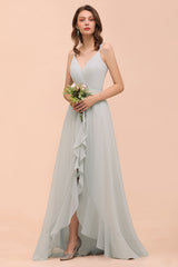 Long A-line V-neck Ruffle Chiffon Bridesmaid Dress