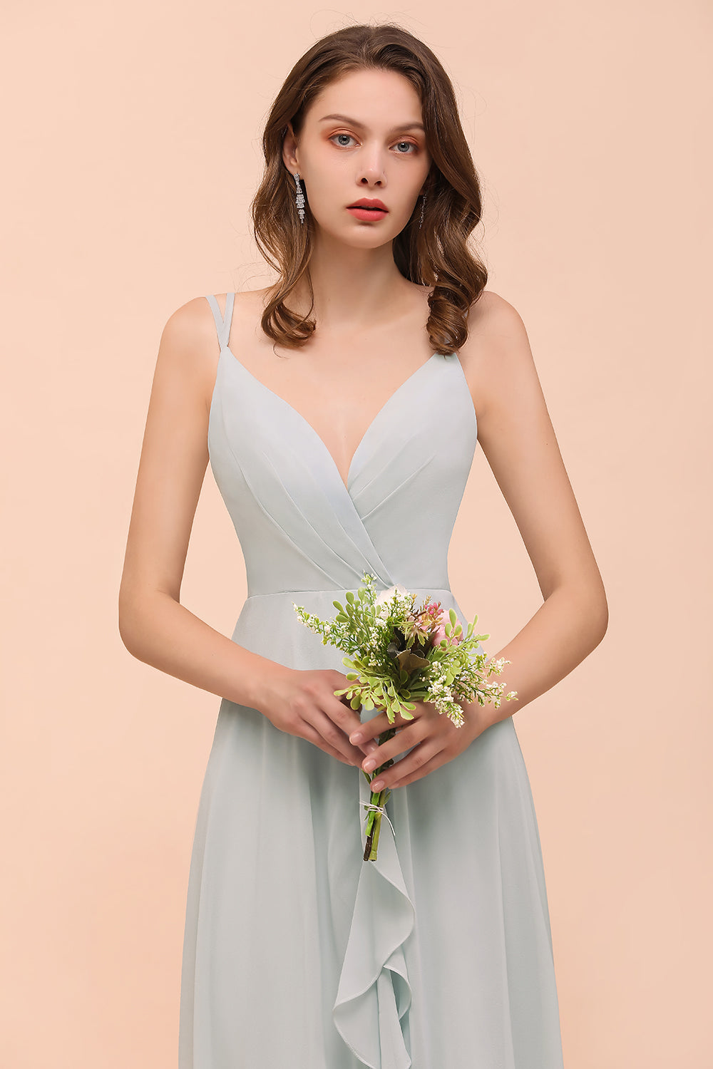 Long A-line V-neck Ruffle Chiffon Bridesmaid Dress