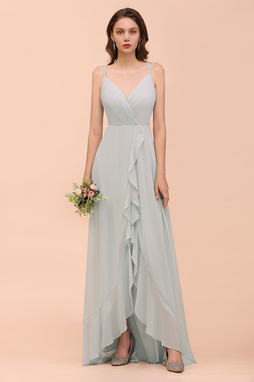 Long A-line V-neck Ruffle Chiffon Bridesmaid Dress