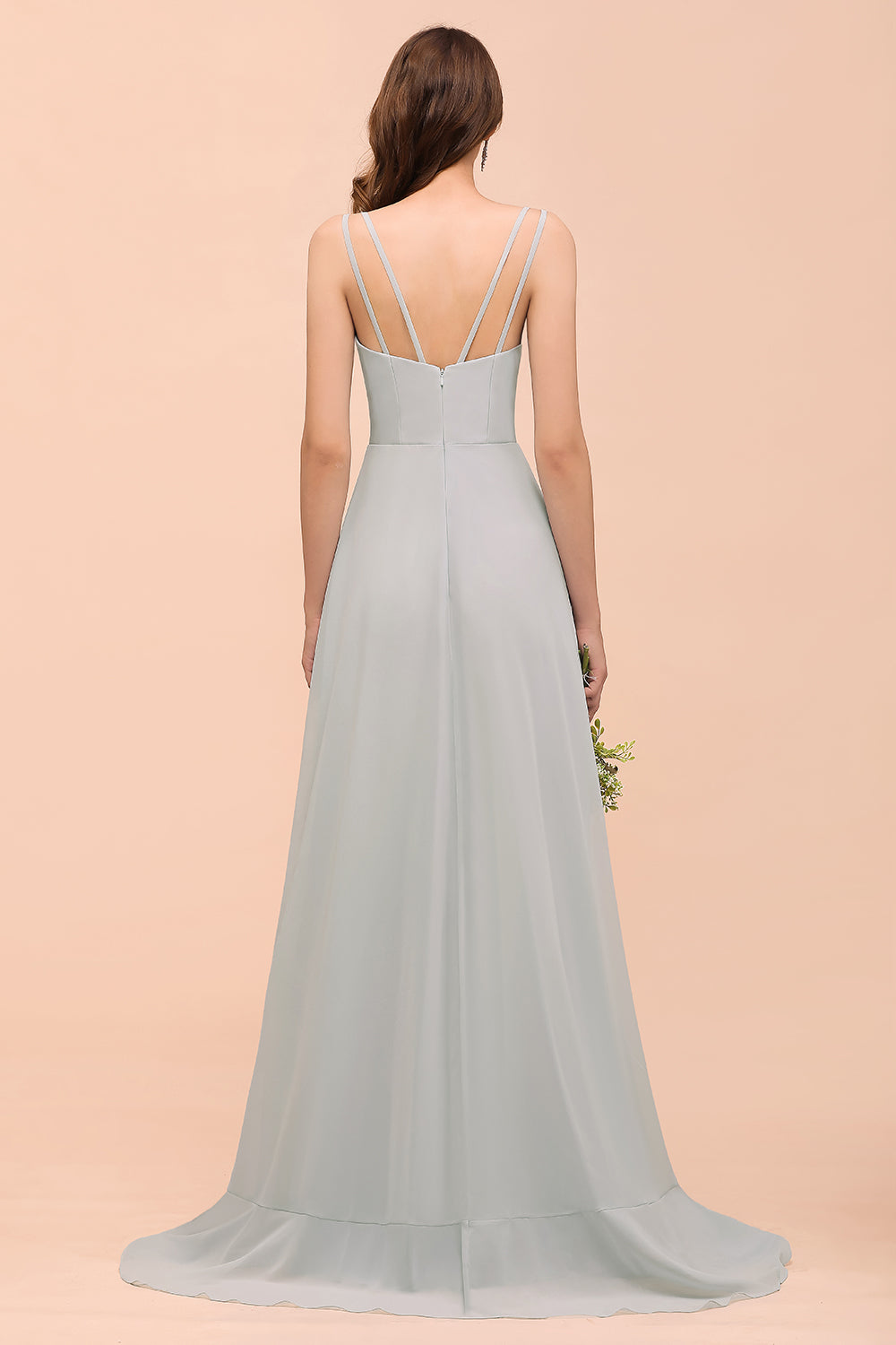 Long A-line V-neck Ruffle Chiffon Bridesmaid Dress