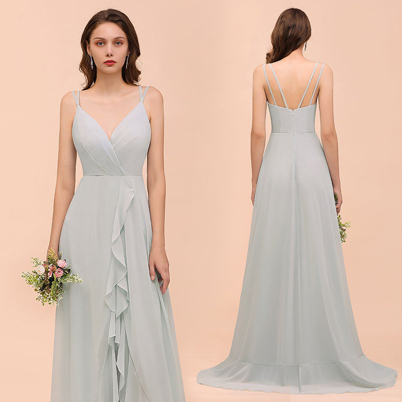 Long A-line V-neck Ruffle Chiffon Bridesmaid Dress