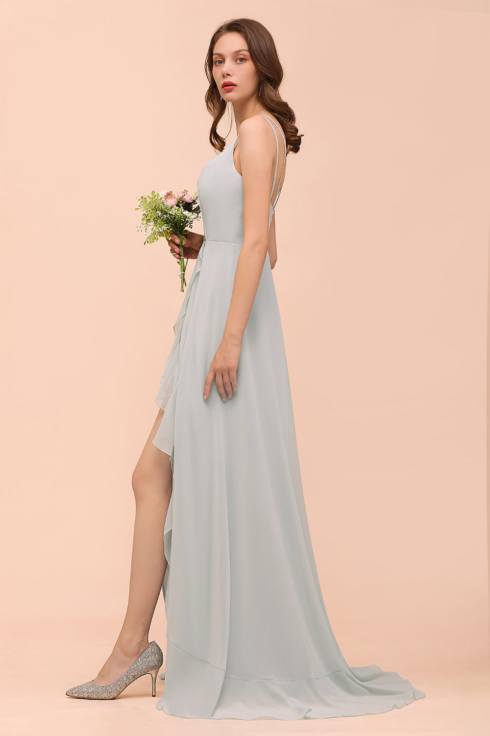 Long A-line V-neck Ruffle Chiffon Bridesmaid Dress