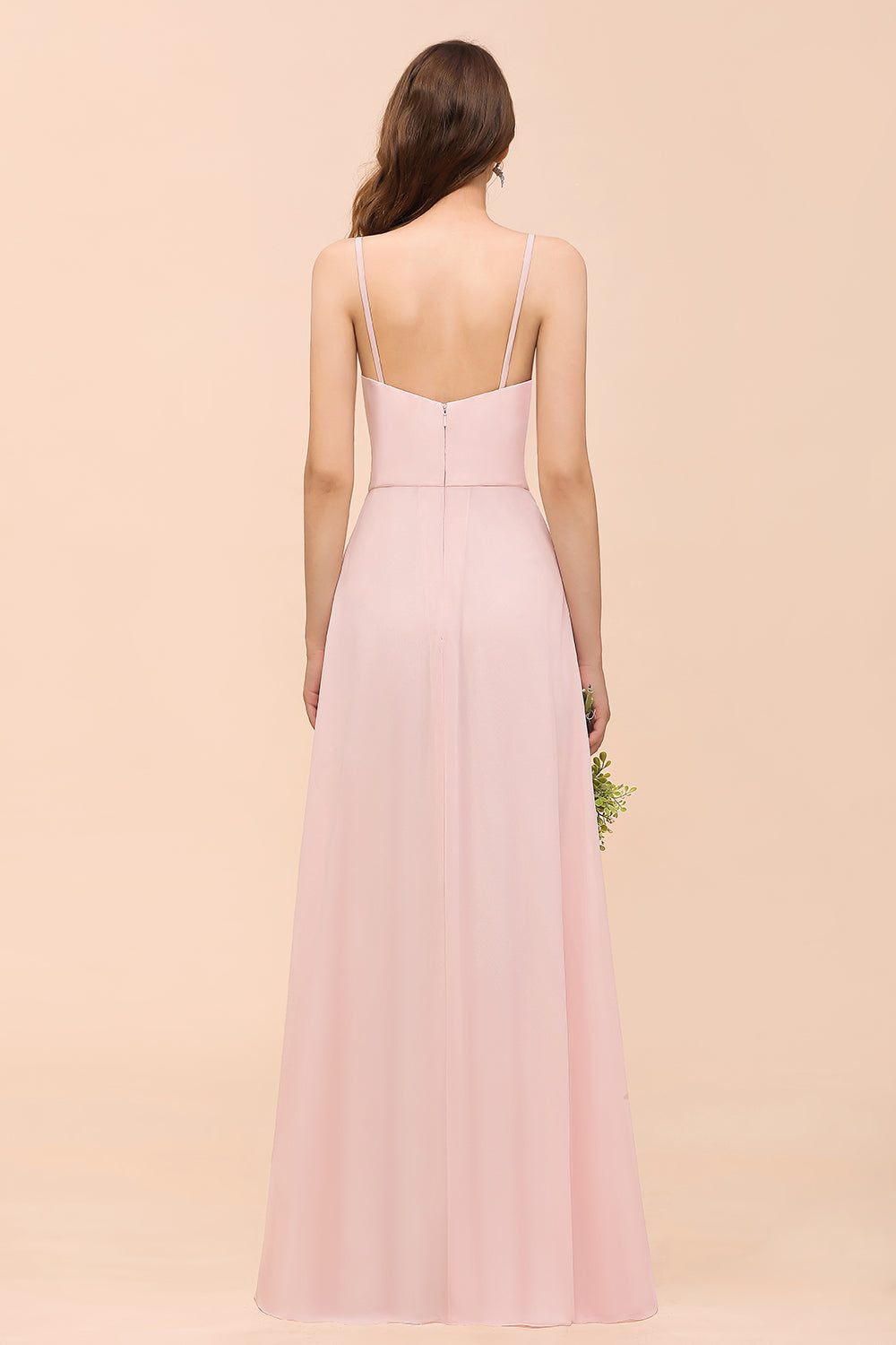 Long A-line V-neck Spaghetti Straps Ruffle Blushing Pink Chiffon Bridesmaid Dress