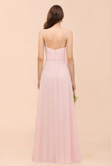 Long A-line V-neck Spaghetti Straps Ruffle Blushing Pink Chiffon Bridesmaid Dress